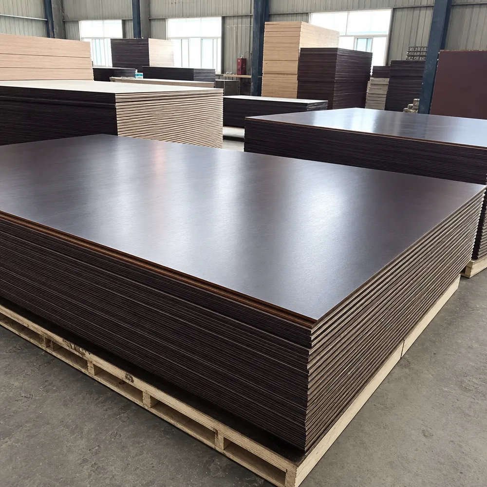 Film faced plywood panels stacked at QDPlywood factory in Xuzhou, showing phenolic film surface finish