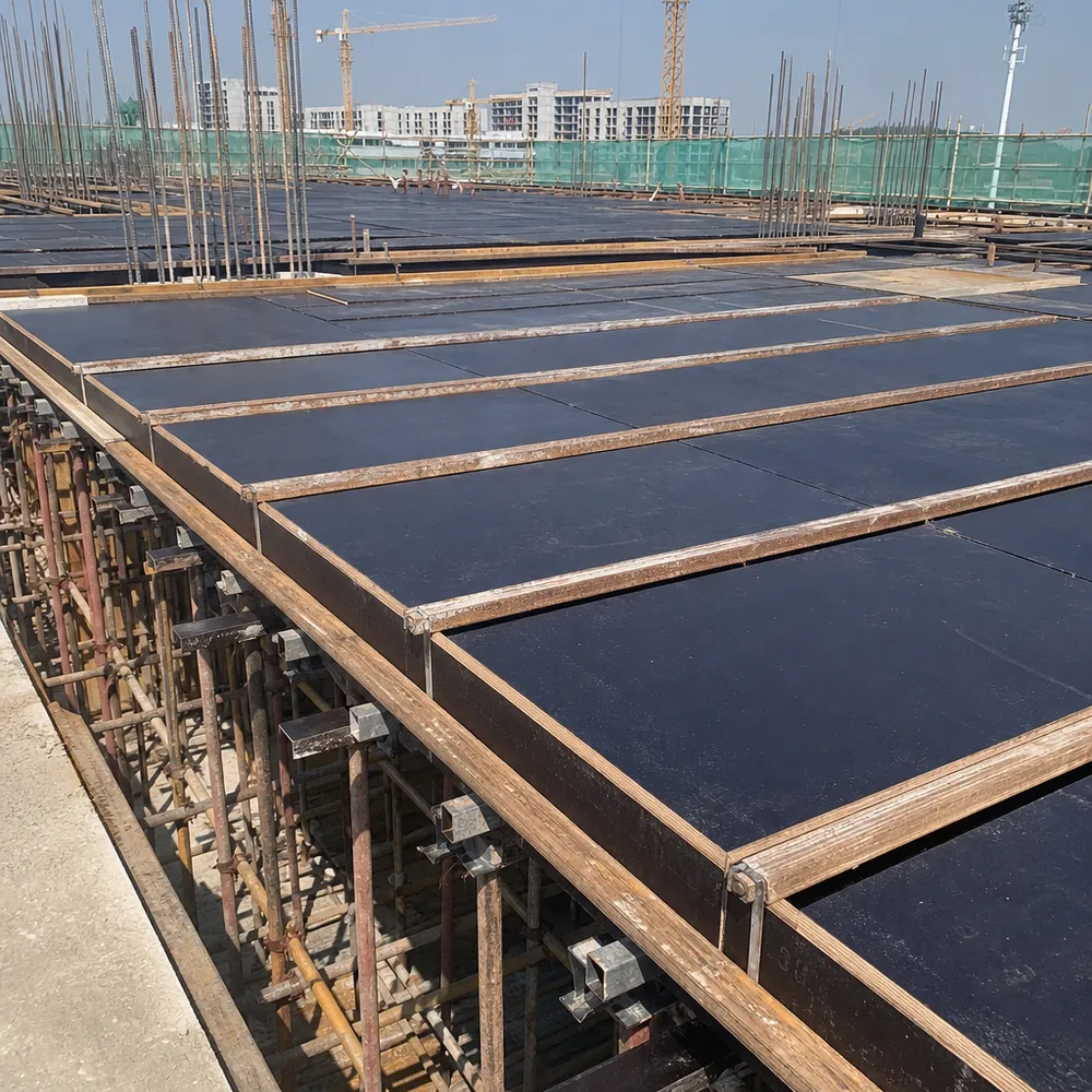 Structural film faced plywood in engineered formwork system showing load-bearing panel application
