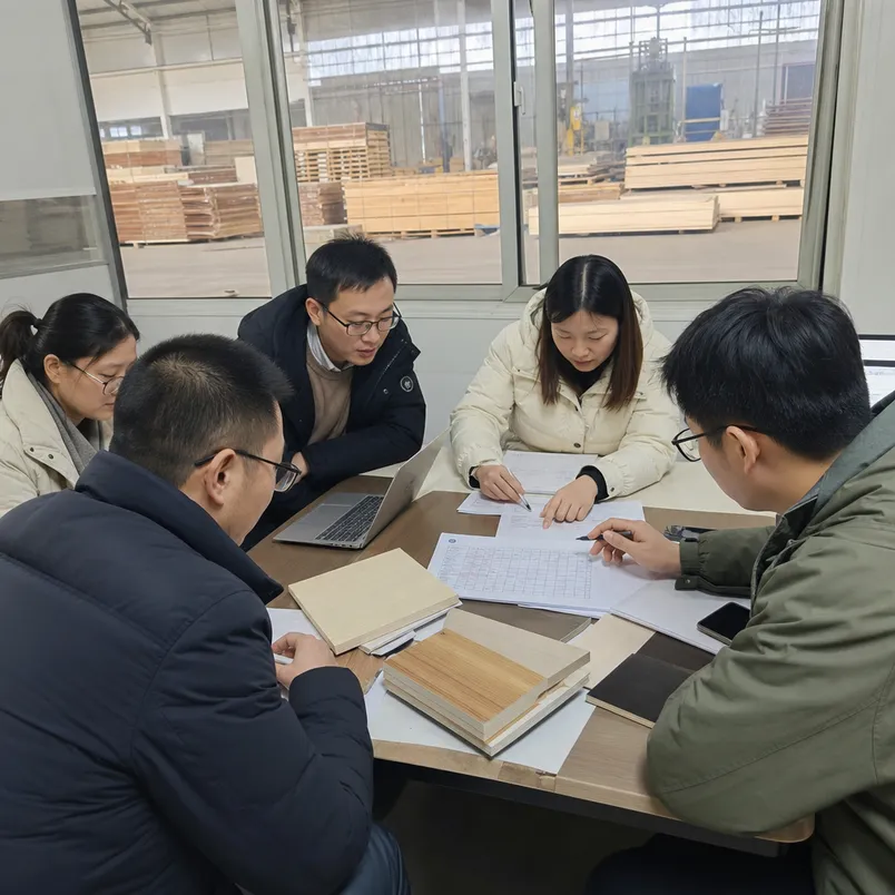 QDPlywood factory export sales team in Xuzhou reviewing production schedules